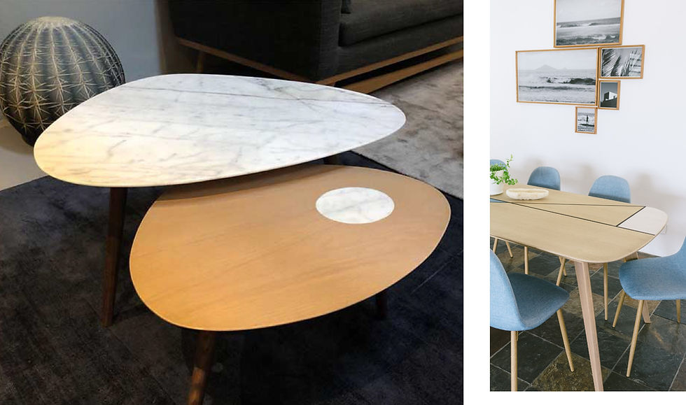 OVAL NESTING COFFEE TABLES: Hand-carved tables made in marble and oak.